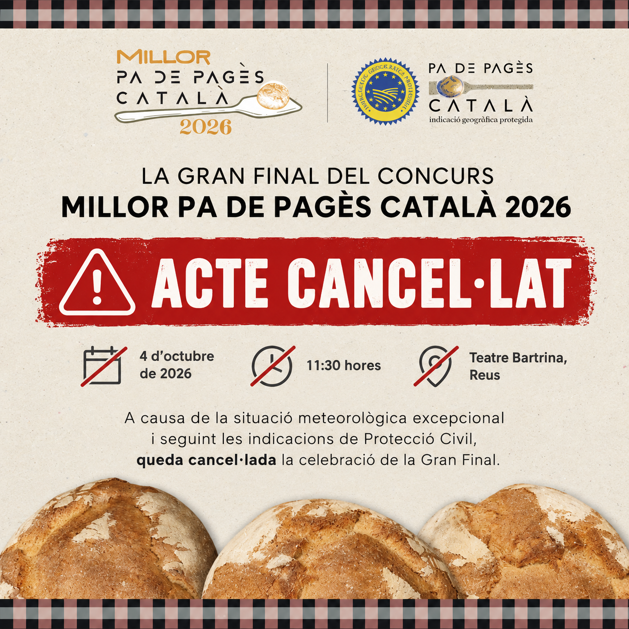 Aplazada la Gran Final del Concurso Mejor Pa de Pagès Català 2026